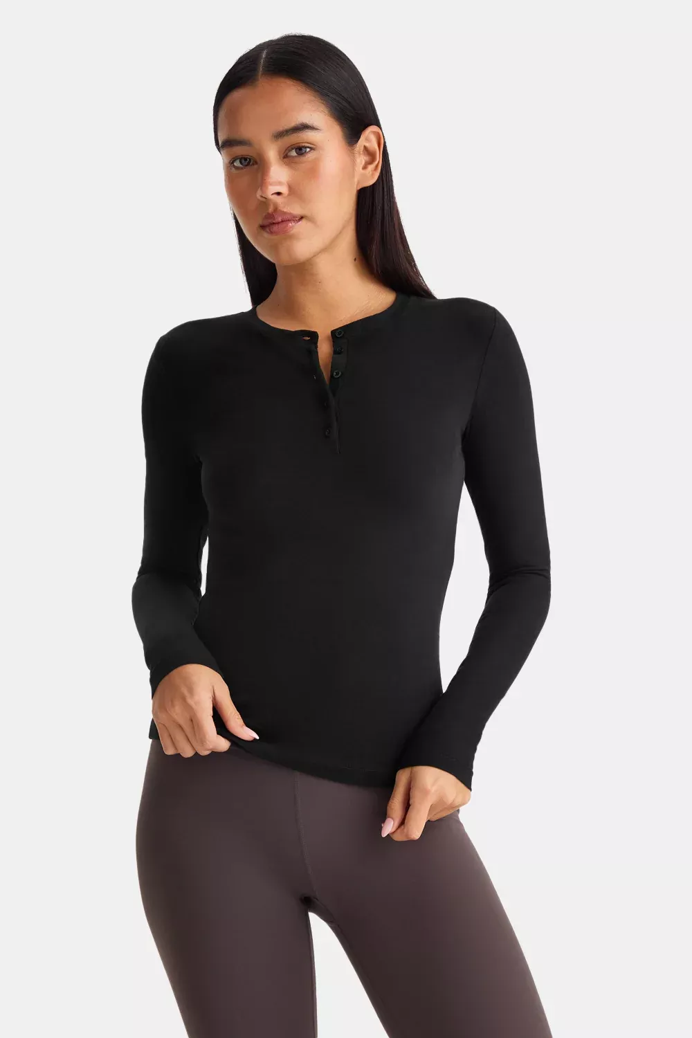 365 Core Cotton Long Sleeve Henley Top - Black