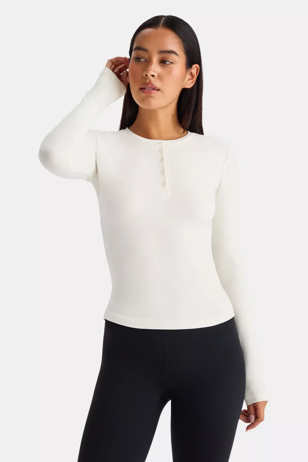365 Core Cotton Long Sleeve Henley Top - Ivory