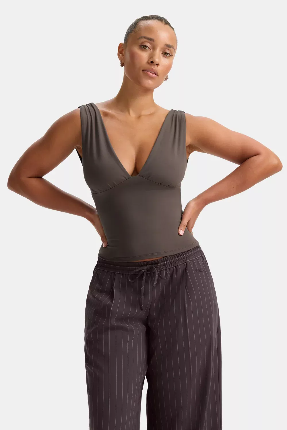 365 Plunge Neckline Top - Mocha Brown