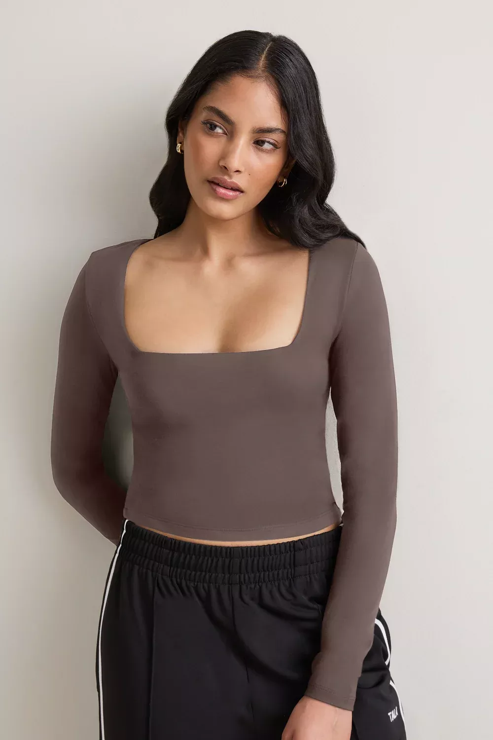 365 Square Neck Long Sleeve Top - Mocha Brown