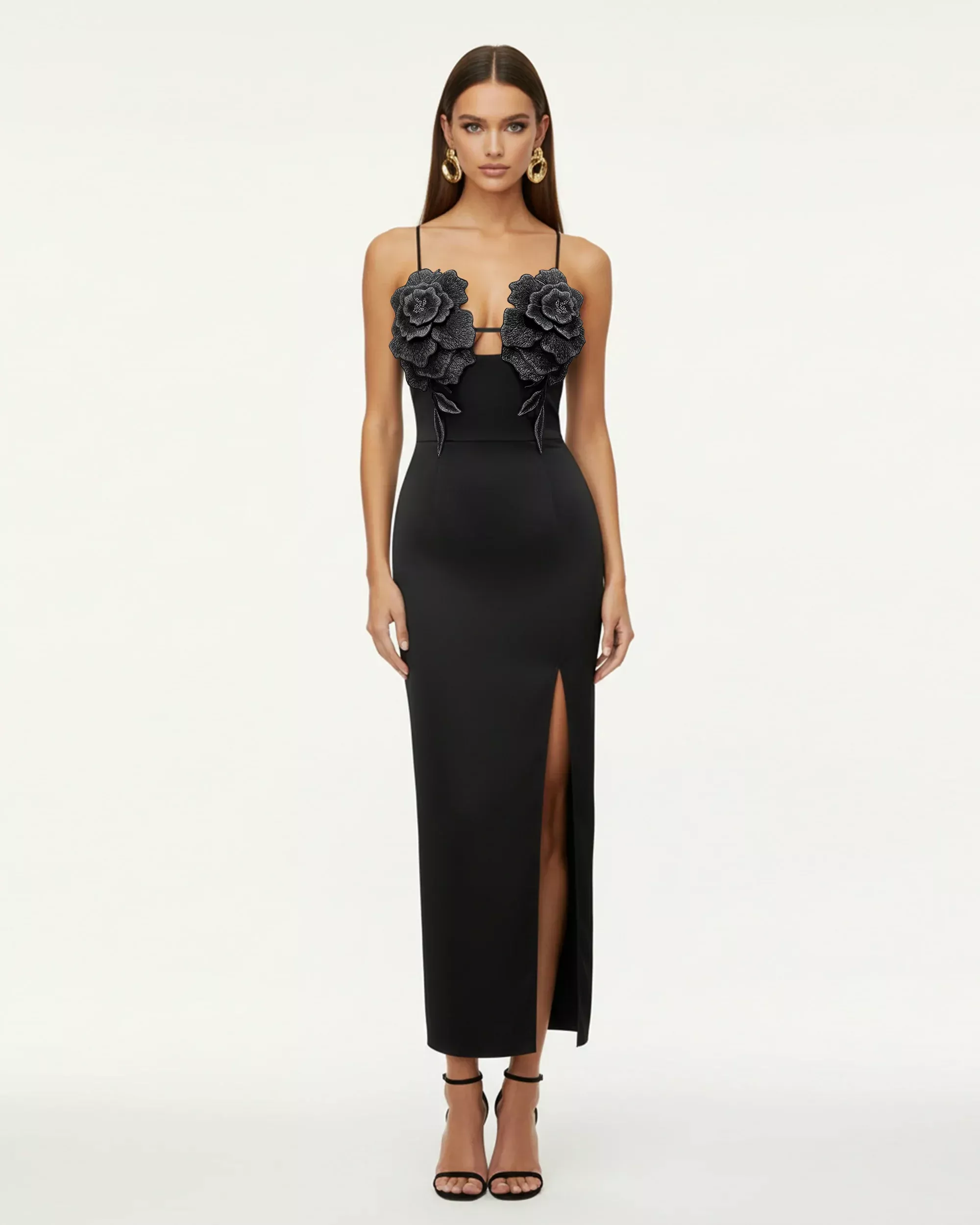 3D Floral Strappy Maxi Dress - Black