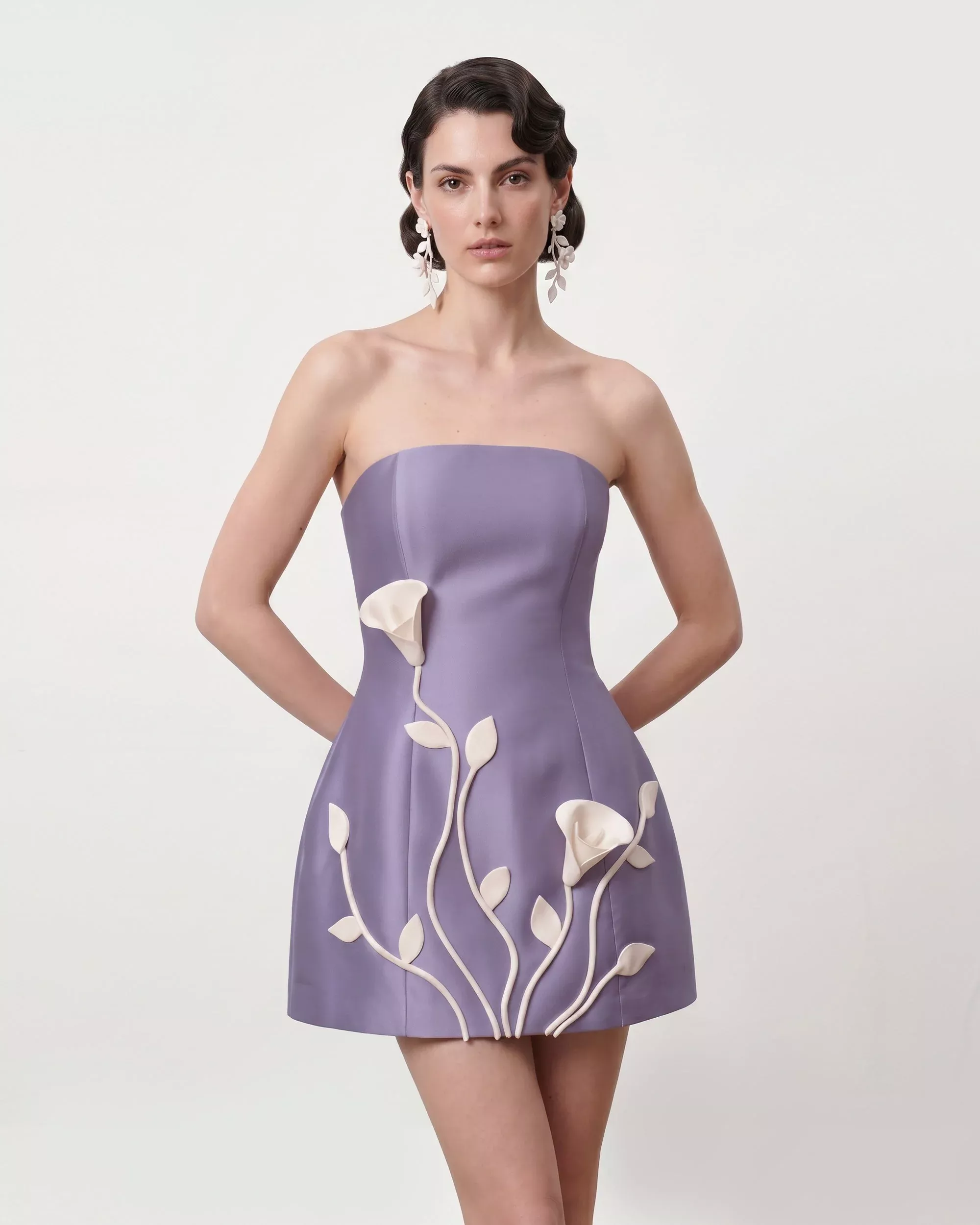 3D Vine Floral Strapless Mini Dress - Purple