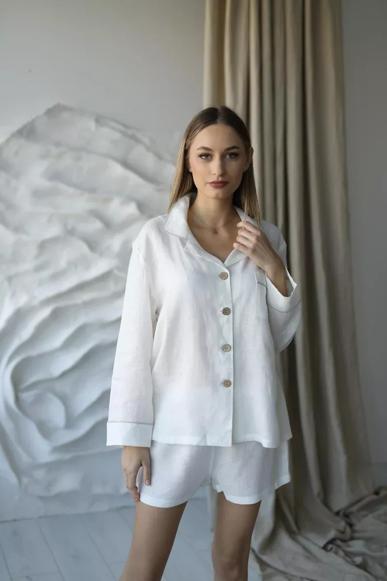 Amber Linen Pajama Set With Shorts Serene White