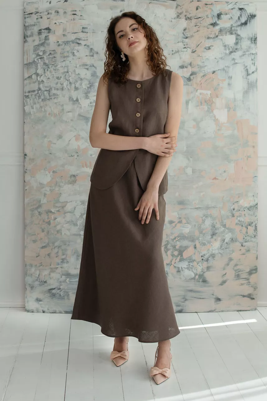 Amber Linen Set Vest & Skirt Muse Taupe Brown