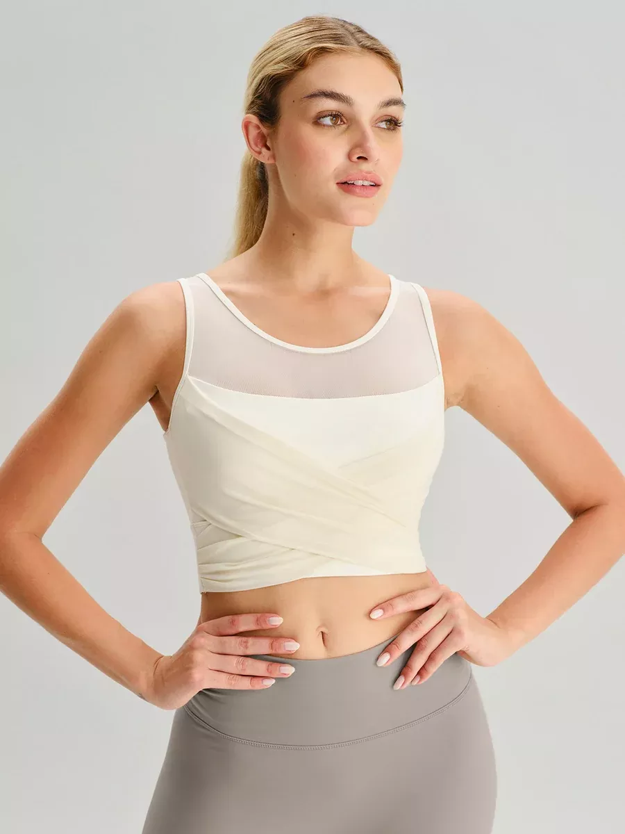 Beige Mesh Cross-Front Tank Top - Light Support