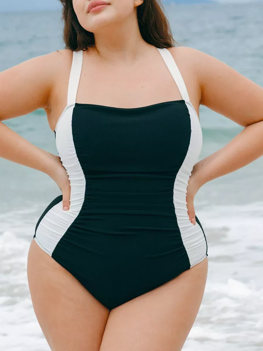 Black Contrast Side Tummy Control Plus Size One-Piece