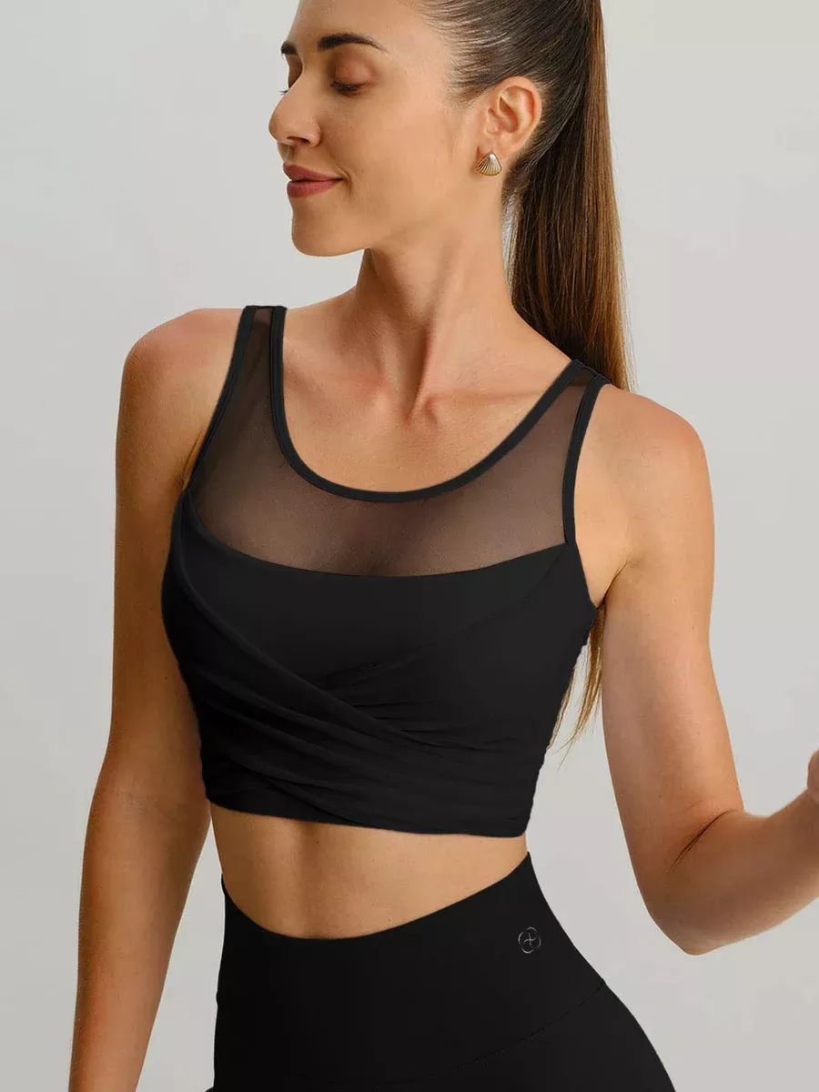 Black Mesh Cross-Front Tank Top - Light Support