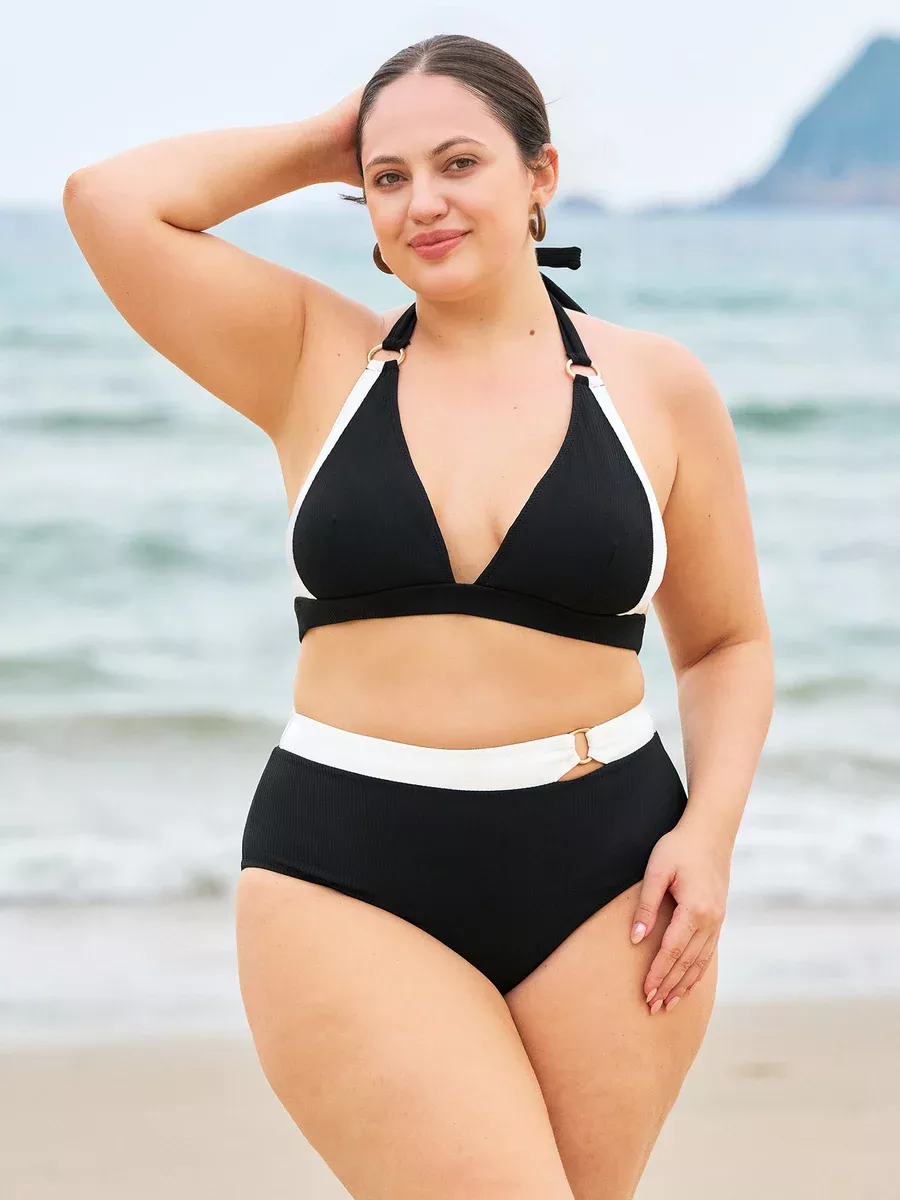 Black Strappy Halter Plus Size Bikini Top
