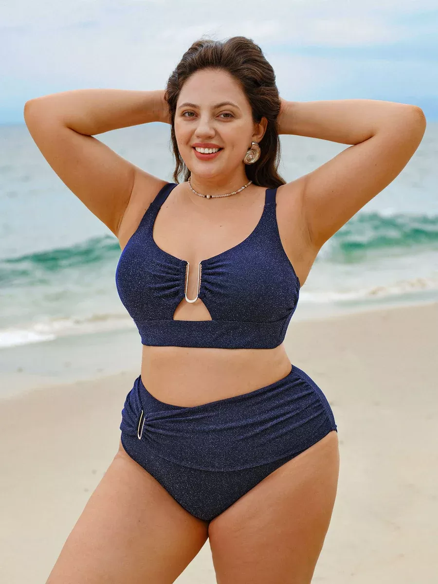 Blue Glitter Cut Out Plus Size Bikini Top