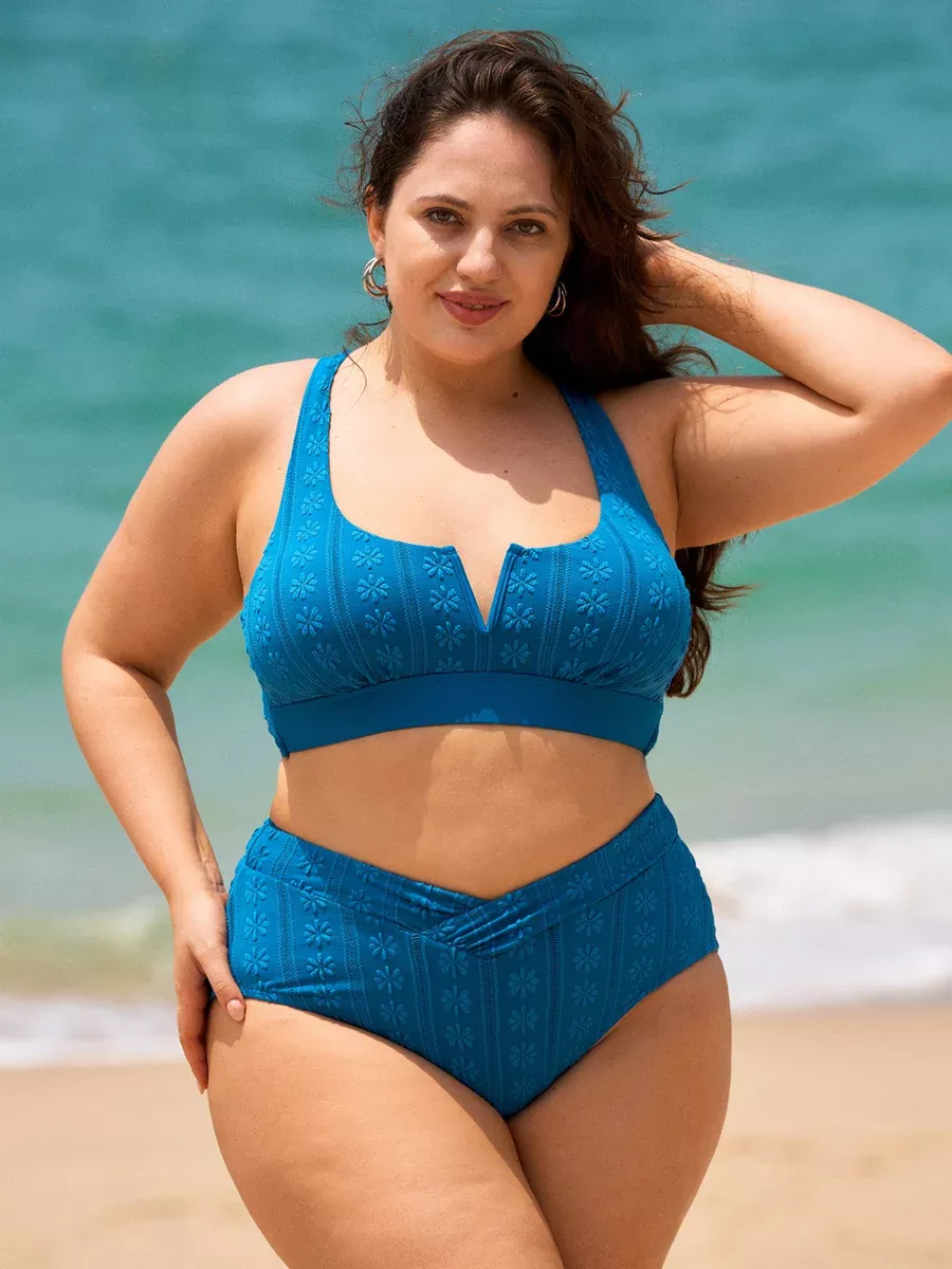 Blue Jacquard Plus Size Bikini Top