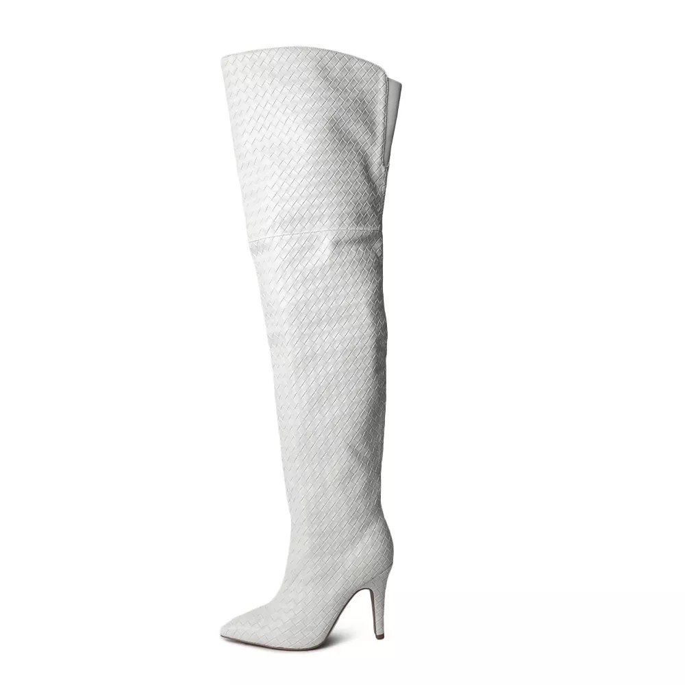 Cher White Woven Thigh High Boots