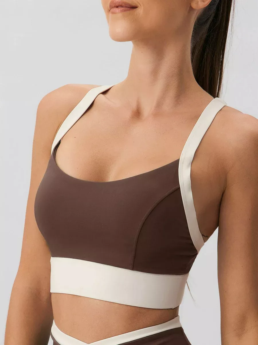 Coffee Contrast U Neck Sports Bra - Light Support