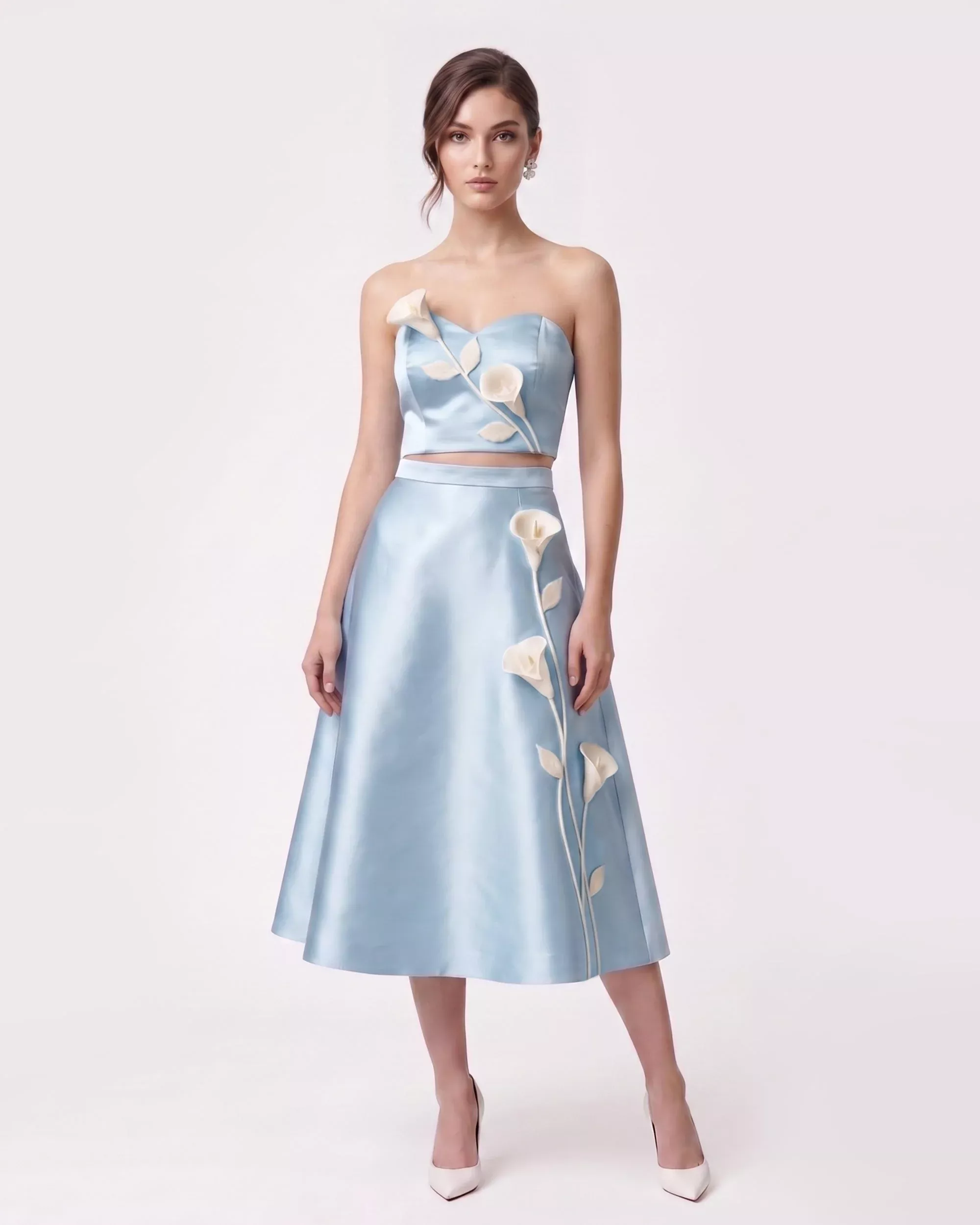 Floral Appliqué Satin Midi Skirt - Light Blue