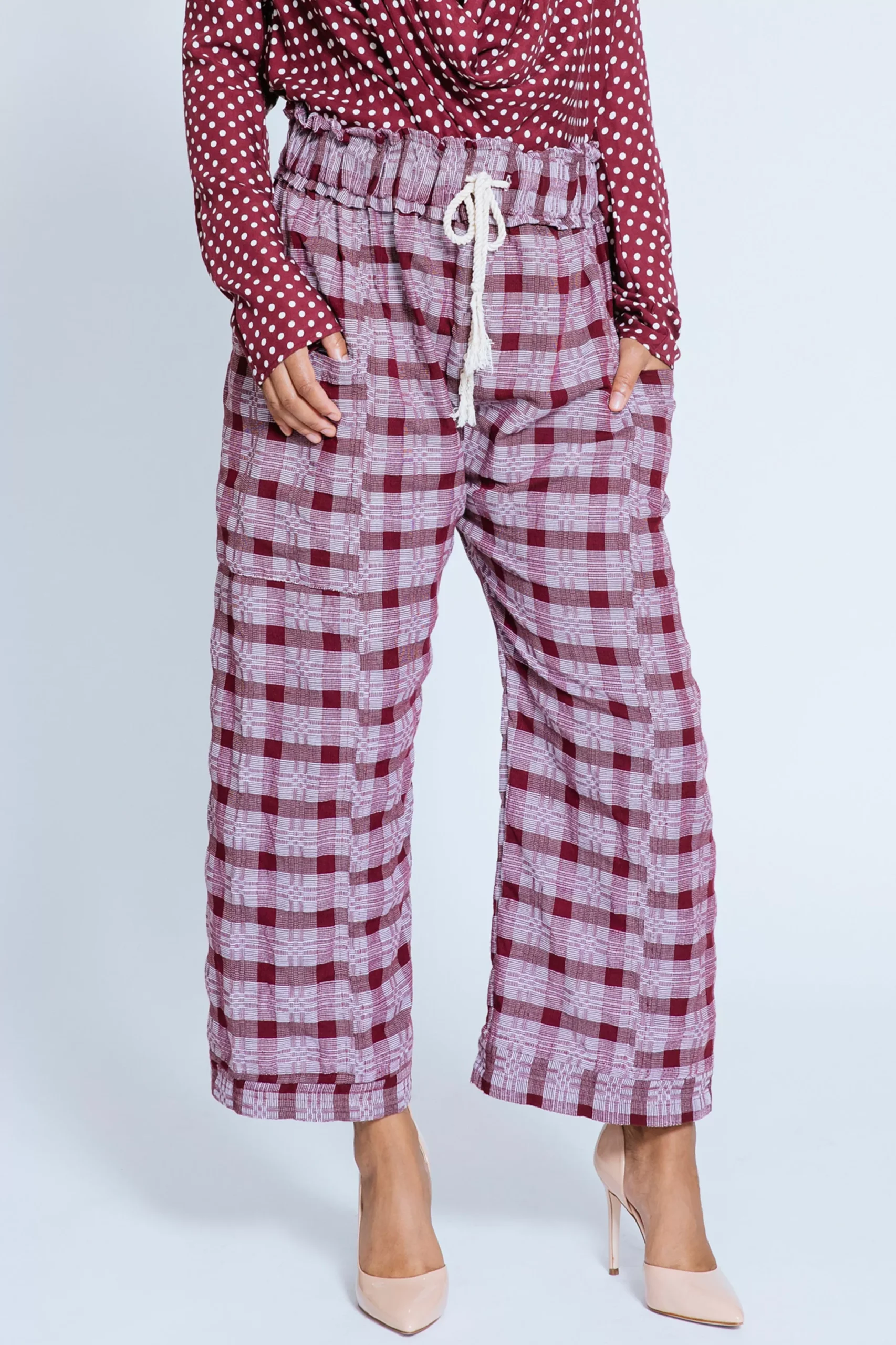 KINDOM Pants Jules Handwoven Sack Check Maroon