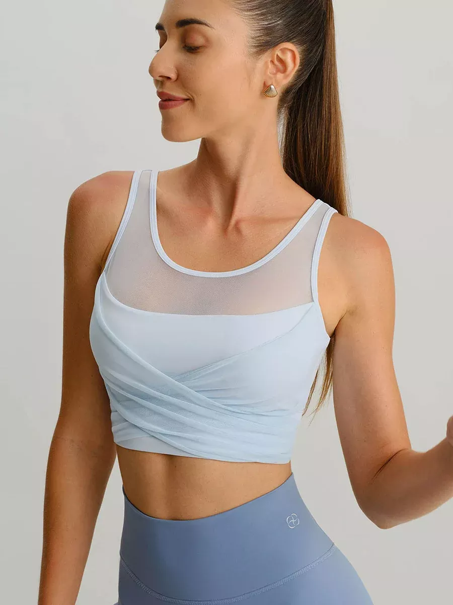 Light Blue Mesh Cross-Front Tank Top - Light Support