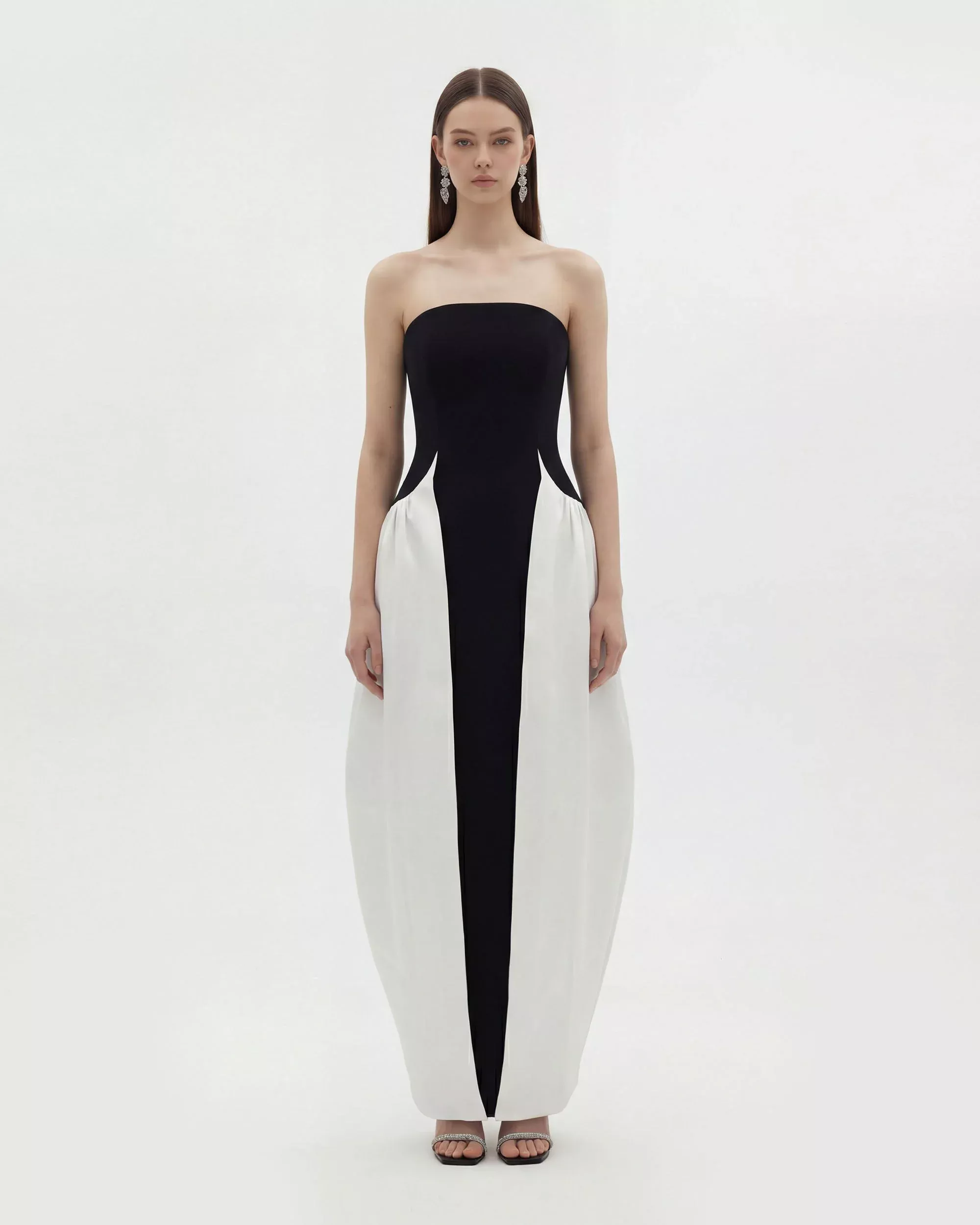 Monochrome Paneled Strapless Sculptural Maxi Dress - Black