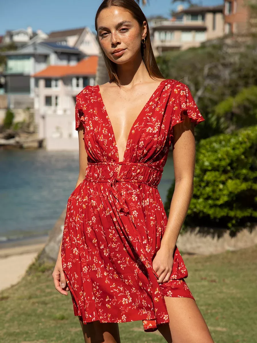 Red Floral V-Neck Beach Dress