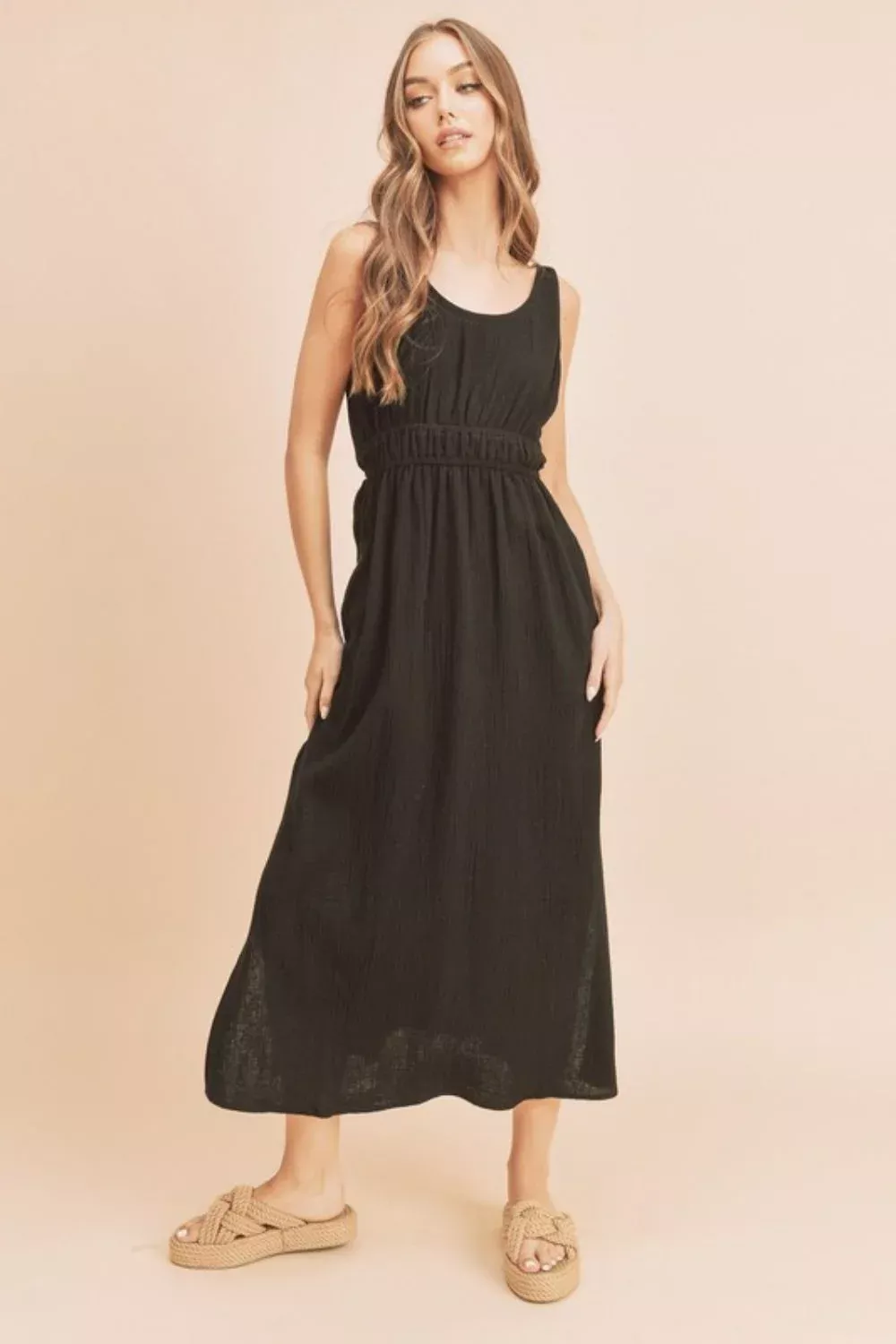Side Slit Round Neck Sleeveless Tank Dress - Black