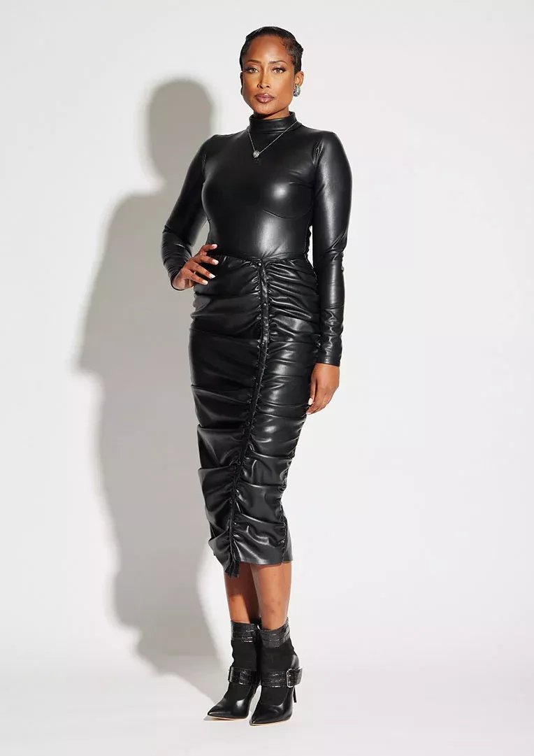 Vegan Leather Ruched Skirt