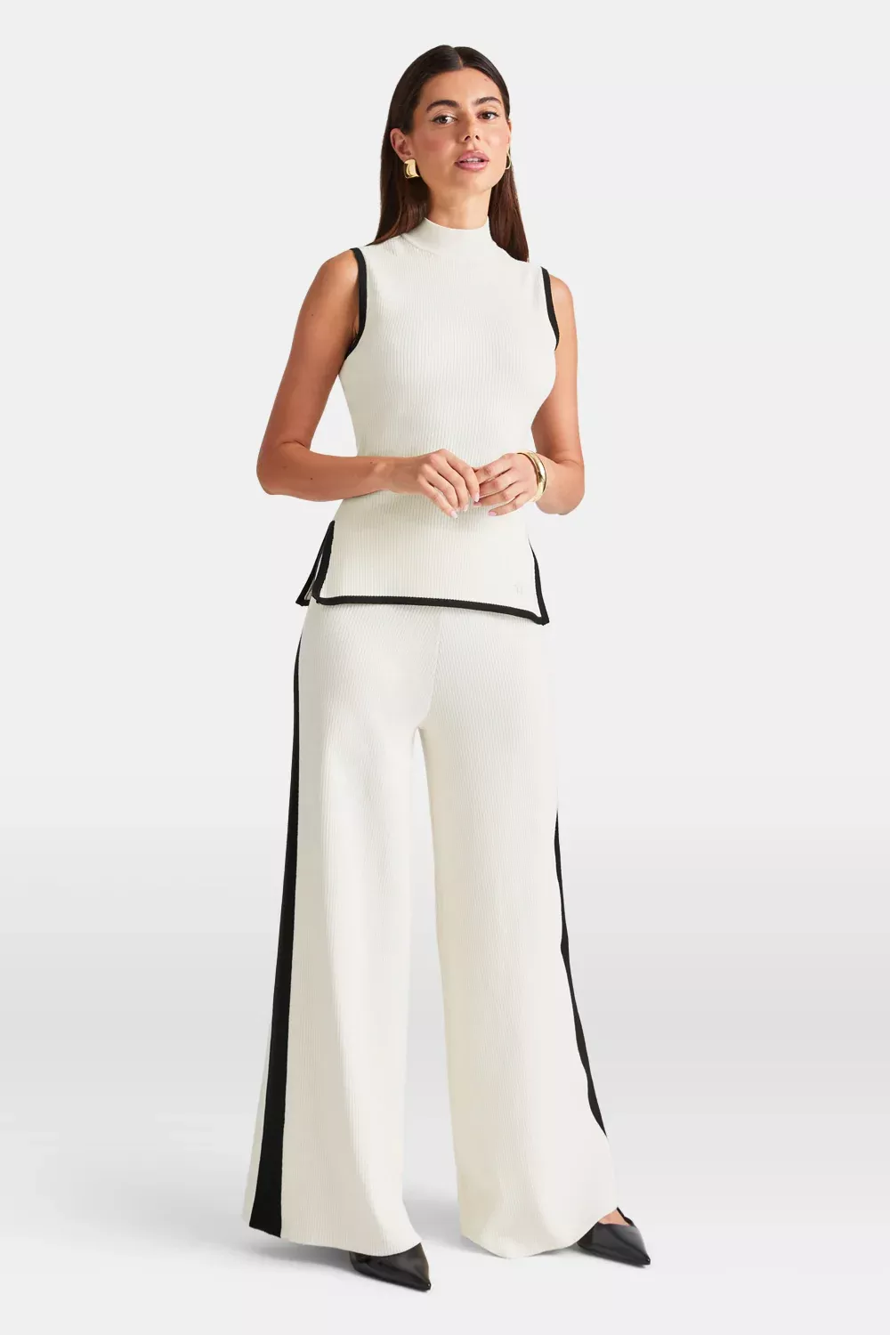 Wide Leg Contrast Ribbed Knit Trousers - Buttermilk And Black