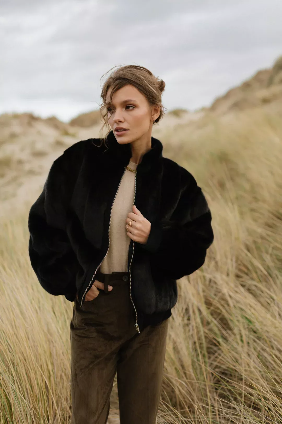 Zipped Faux Fur Black Jacket - NINA