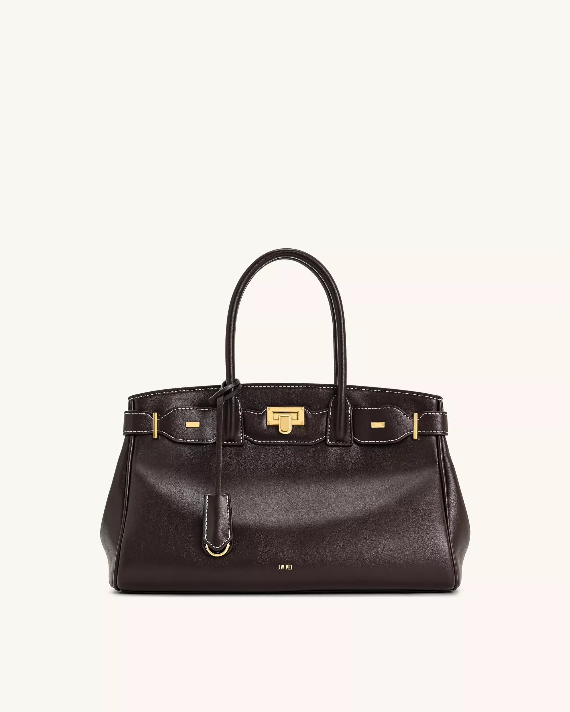 Ziva Metal Lock Decoration Tote Bag - Dark Brown